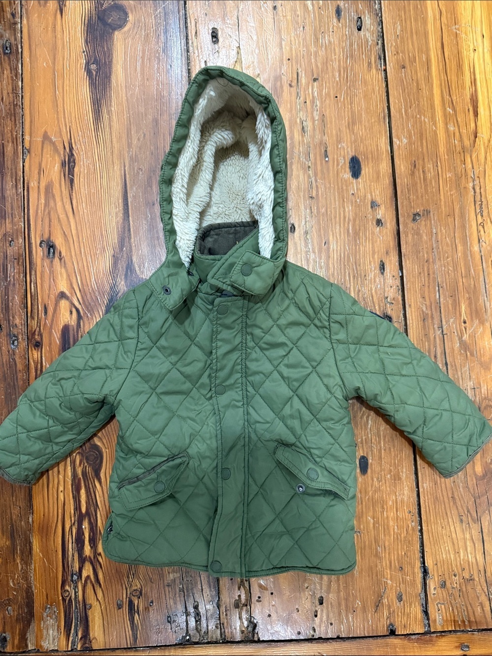 Mayoral Olive Quilted Hooded Puffer Jacket with Faux-Sherpa Lining size 12 month